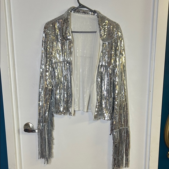 Silver Sequin Fringe Jacket – Cropped Disco / Festival Statement Piece - Picture 7 of 12